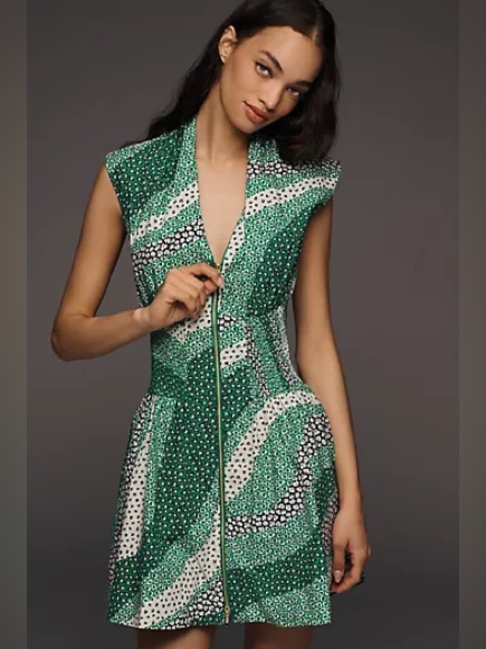 Anthropologie Tommie Green Patterned floral Midi Dress with Zip Front